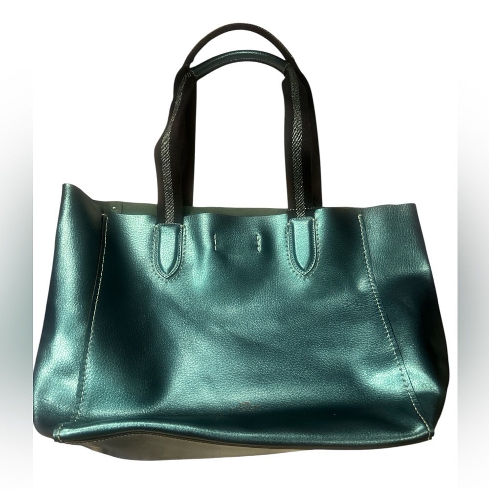 Large Coach Derby Tote Bag Metallic Leather Dark Teal Blue Green Pearl NWOT